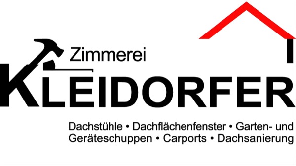 Zimmerei Kleidorfer Logo mit Hammer, rotem Dach und Leistungsübersicht