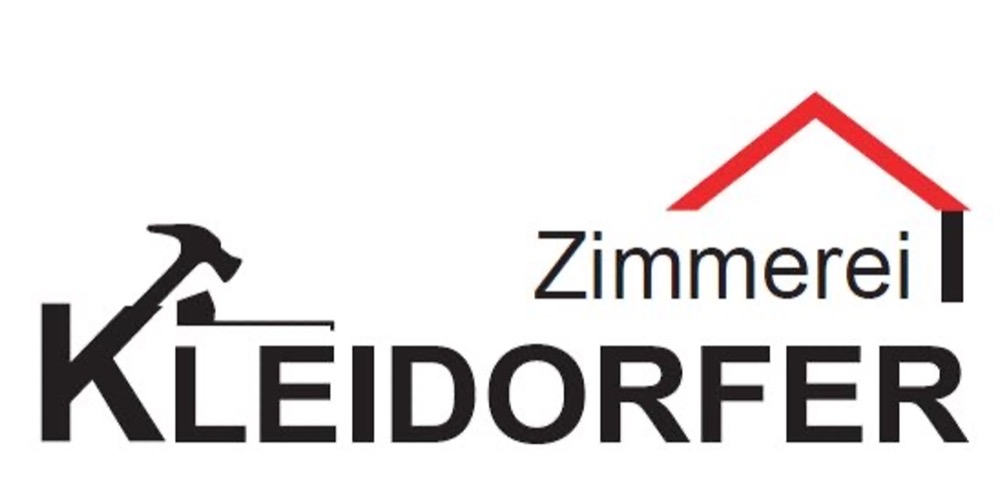 Zimmerei Kleidorfer Logo mit Hammer, rotem Dachsymbol und Schriftzug